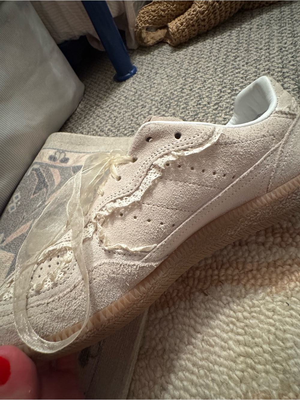 ALOHAS Suede Cream Leather Crochet-Trim Sneakers - Picture 7 of 8